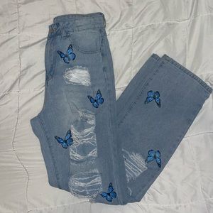 Butterfly Print Ripped Straight Jeans
